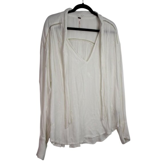 Free People White Embroidered Long Sleeve V-Neck Blouse Size Large - Picture 1 of 7